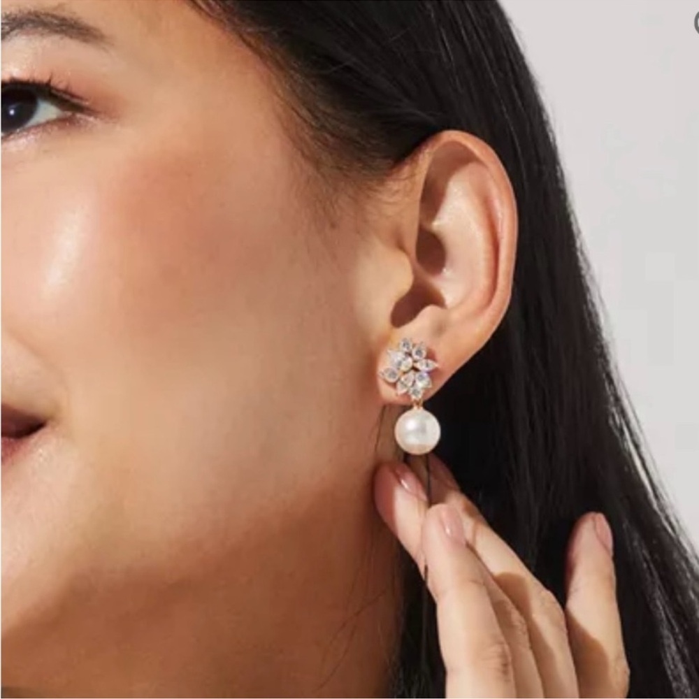 Nadri Chiara Stone Cluster Imitation Pearl Drop Earrings - Picture 2 of 3